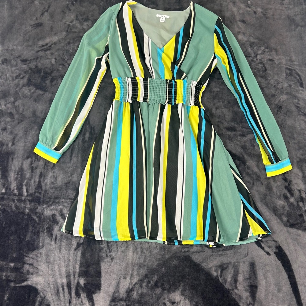 Bar III Striped Mini Dress Womens Small Green Yellow Smocked Waist V-Neck